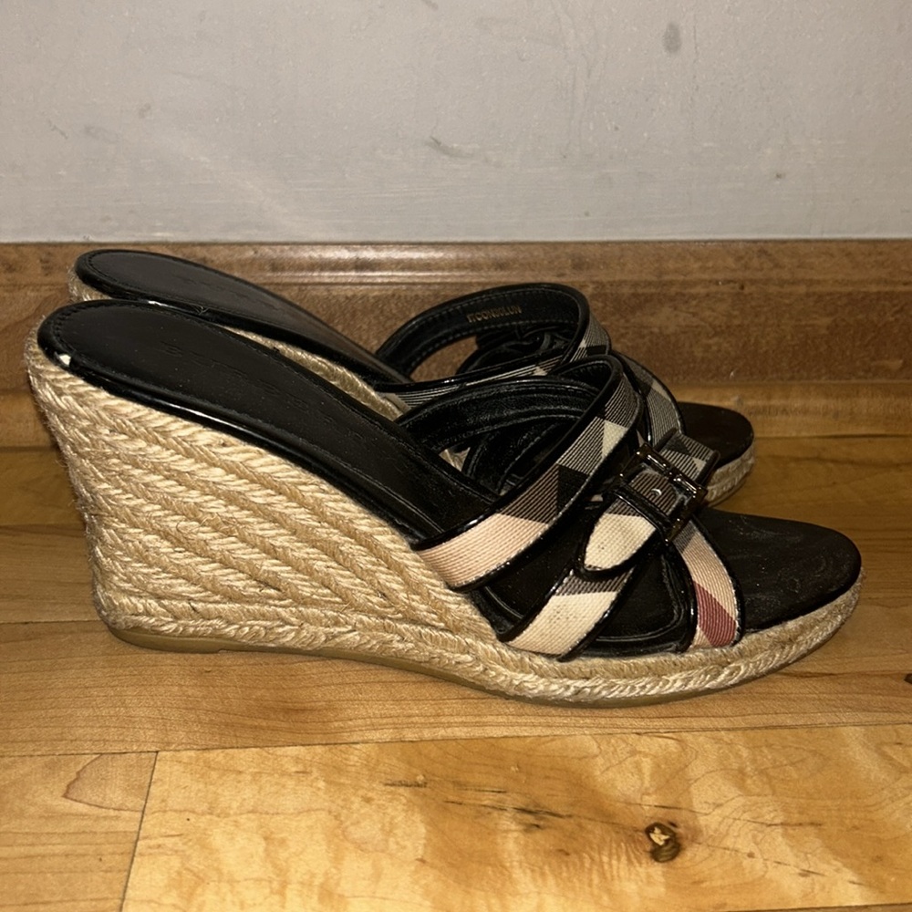 Burberry Black Patent Leather Nova Check Canvas Espadrille Wedge Sandal Size 36 - Picture 5 of 6